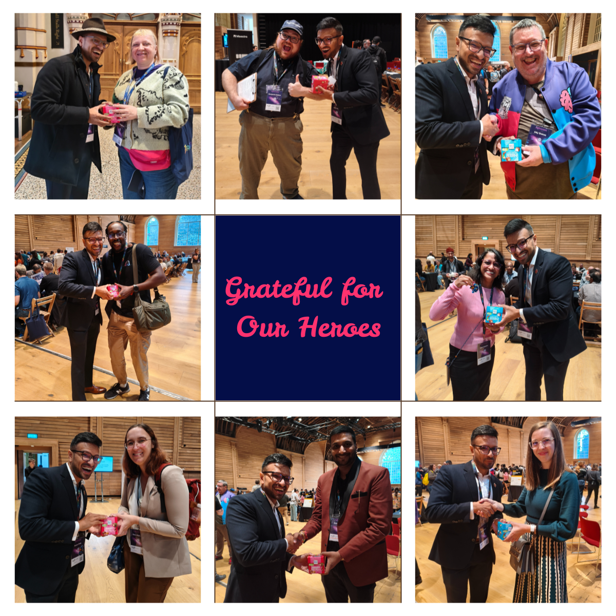 A photo collage of nine images from the MoTaCON showing Aaron smiling and handing small colorful gift boxes to different design heroes. The center tile reads “Grateful for Our Heroes” in pink text on a navy background, celebrating community members who supported the Epic Test Quest journey.