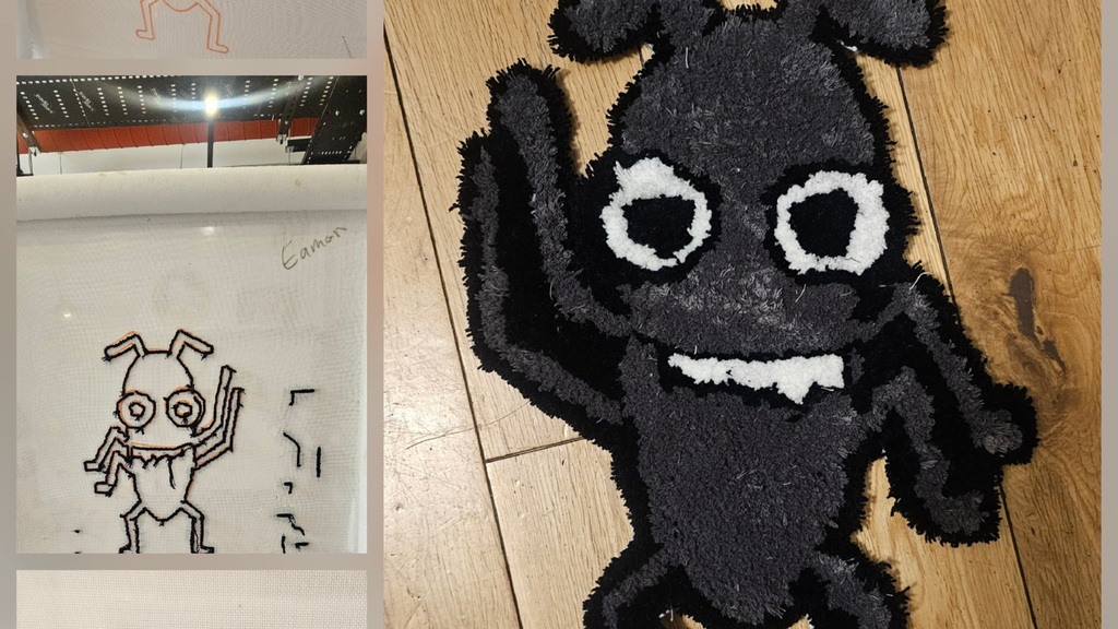 Collage of four images with three smaller images on the left and one larger one on the right.

The first smaller image is of an animated bug, drawn in orange on a canvas.

The second smaller image is of the animated bug with black fabric tufted into its outline.

The third smaller image is of the animated bug with black, grey and white fabric tufted over the initial drawing.

The largest image is of the completed animated bug rug. The bug has four arms, with its two right arms raised to the viewer.