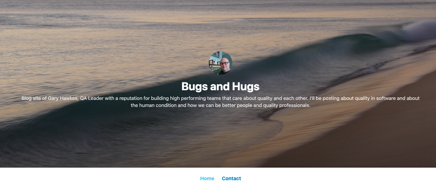 Screen shot of Gary Hawkes wordpress blog site showing the title of "Bugs and Hugs"