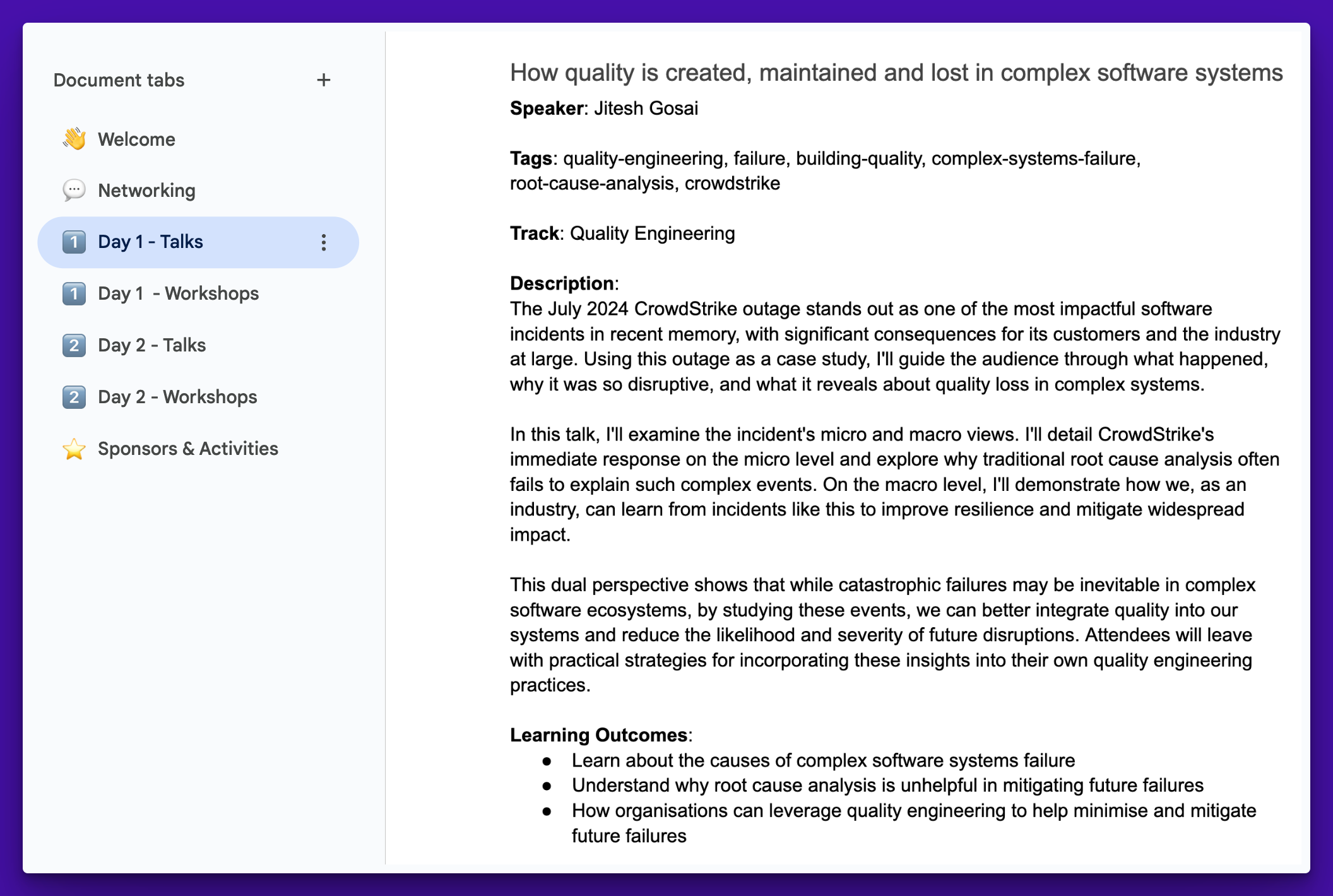 A screenshot of a Google Doc MoTebook the shows the varying sections and one example of a talk sessions happening.