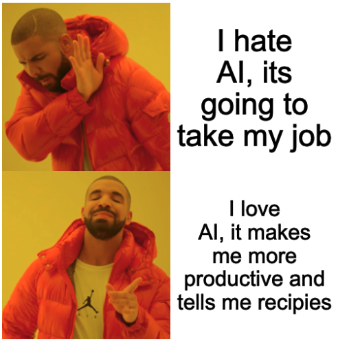 A man in an orange coat shields his eyes from the comment: I hate AI, its going to take my job. The same man smiles a... image