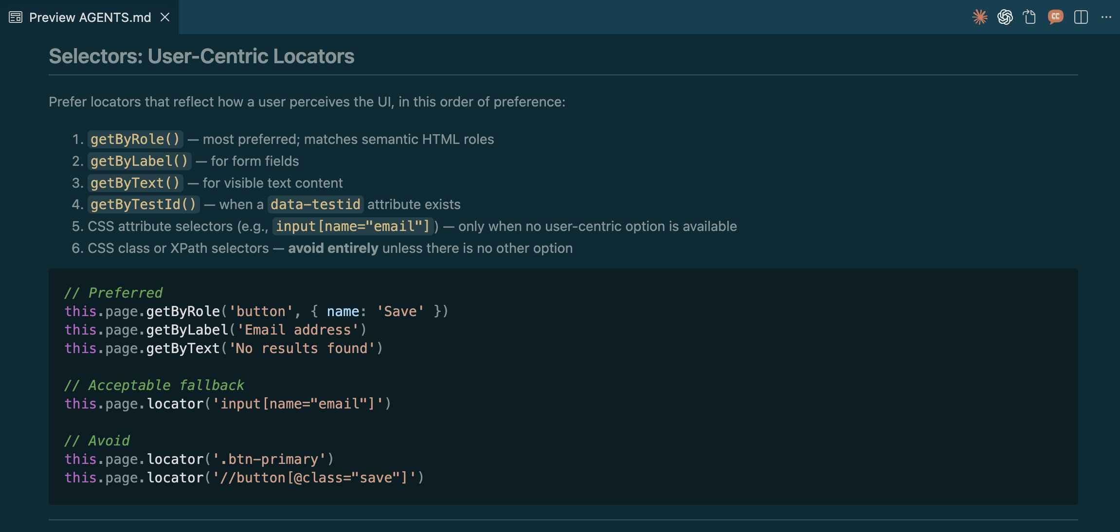 Selectors: User-Centric Locators

Prefer locators that reflect how a user perceives the UI, in this order of prefer... image