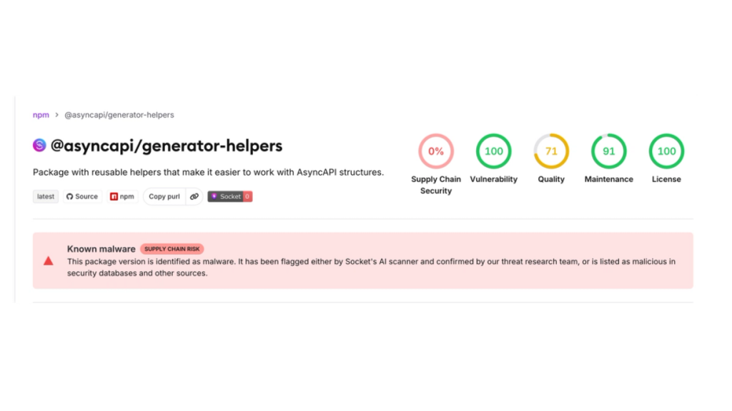 Compromised npm Packages in the AsyncAPI Namespace Deliver Miasma Botnet Loader image image