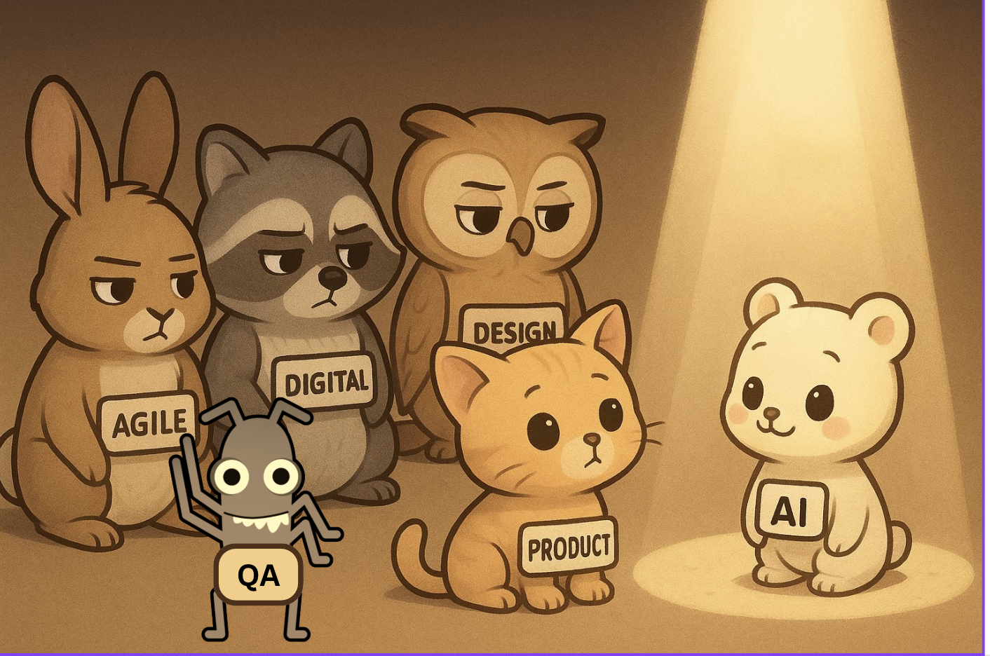 A humorous cartoon image featuring cute animals labeled with different roles: a stern-looking rabbit labeled "AGILE," a raccoon labeled "DIGITAL," an owl labeled "DESIGN," and a cat labeled "PRODUCT." They are all facing a smiling white bear labeled "AI," which is standing under a spotlight. A quirky, bug-like character labeled "QA" is raising its hand, positioned in the foreground. The overall tone suggests a mock "interrogation" or evaluation of AI by traditional tech roles, with QA humorously inserted into the scene.