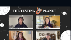 Four testers are presenting The Testing Planet news from their respective homes. Each is visible in their own video panel.  image