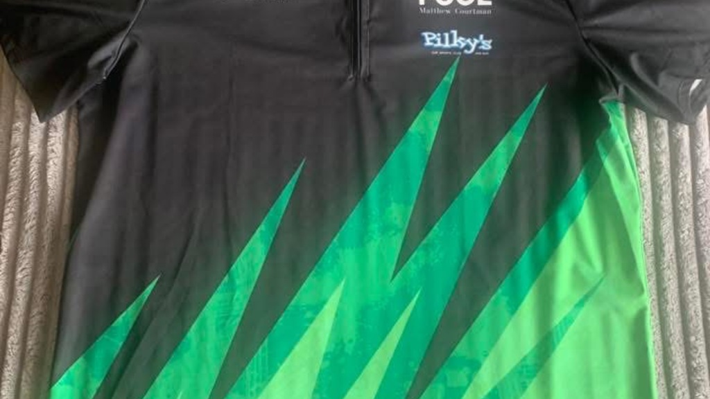 Sports shirt in black with green spikes across the lower half. The Ministry of Testing planet logo is on show.  image