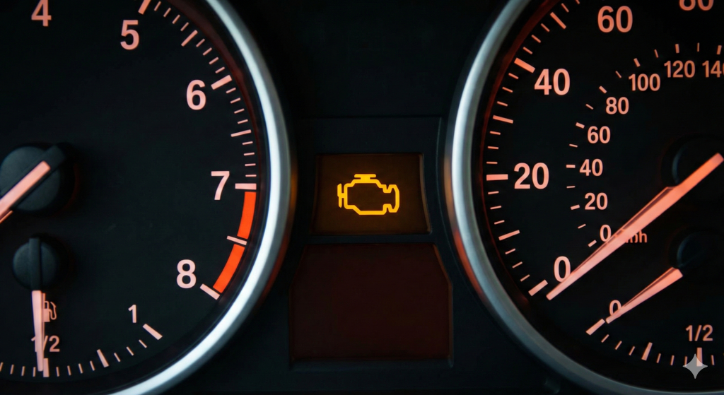 Image of the speedometer and revolutions per minute indicators on a car's dashboard. Between the two readouts, the "engine malfunction" light is glowing yellow. 