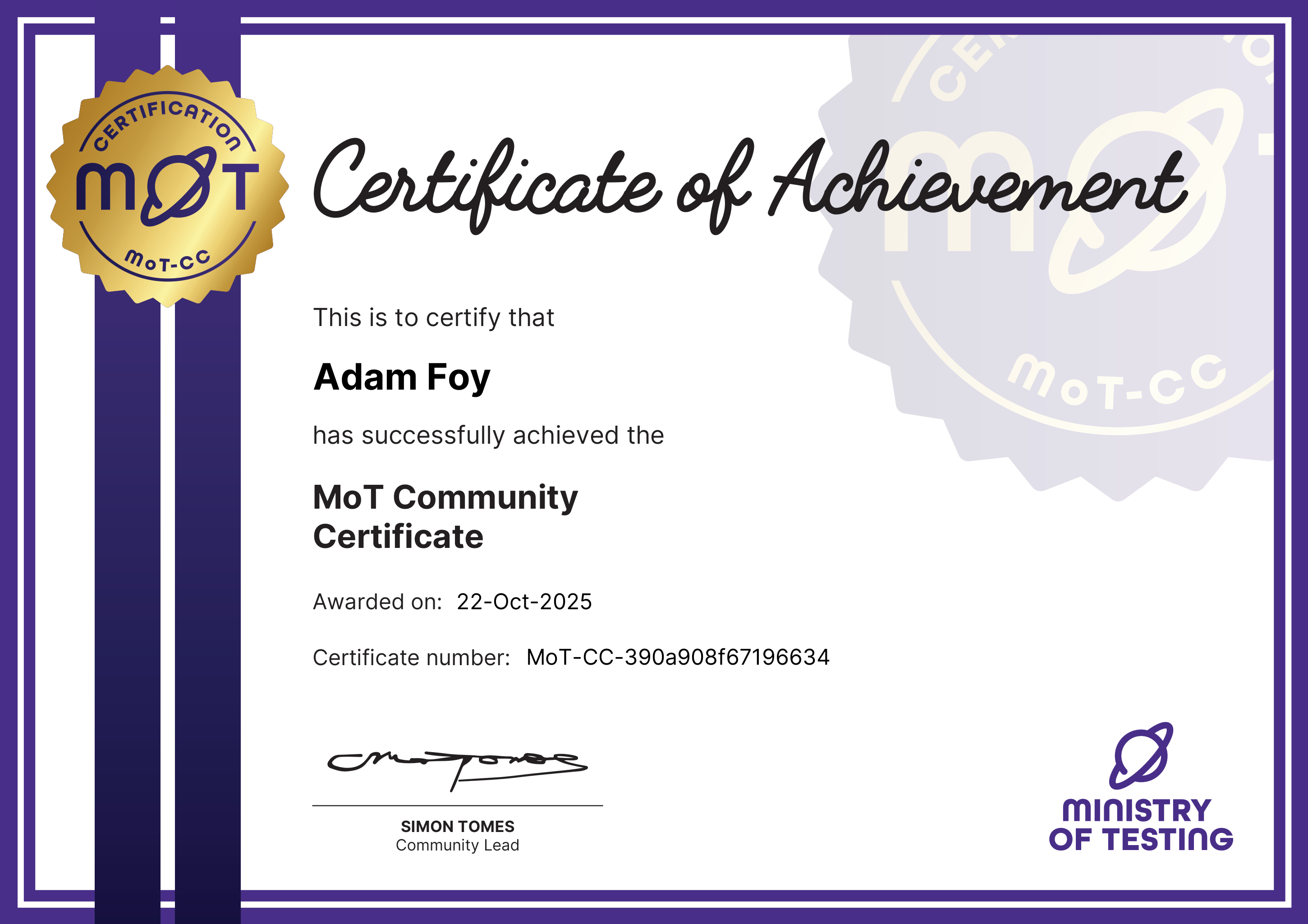 Screenshot of Adam Foy's community ceritficate.