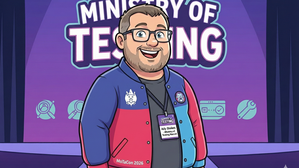 A cartoon version of Ady Stokes with a red, blue and purple sectioned jacket on stage at MoTacon. There is a large Mi... image