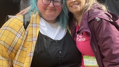 Two very good people, Jenna Charlton and Diana Dromey, give a sidehug and a big smile for the camera. image