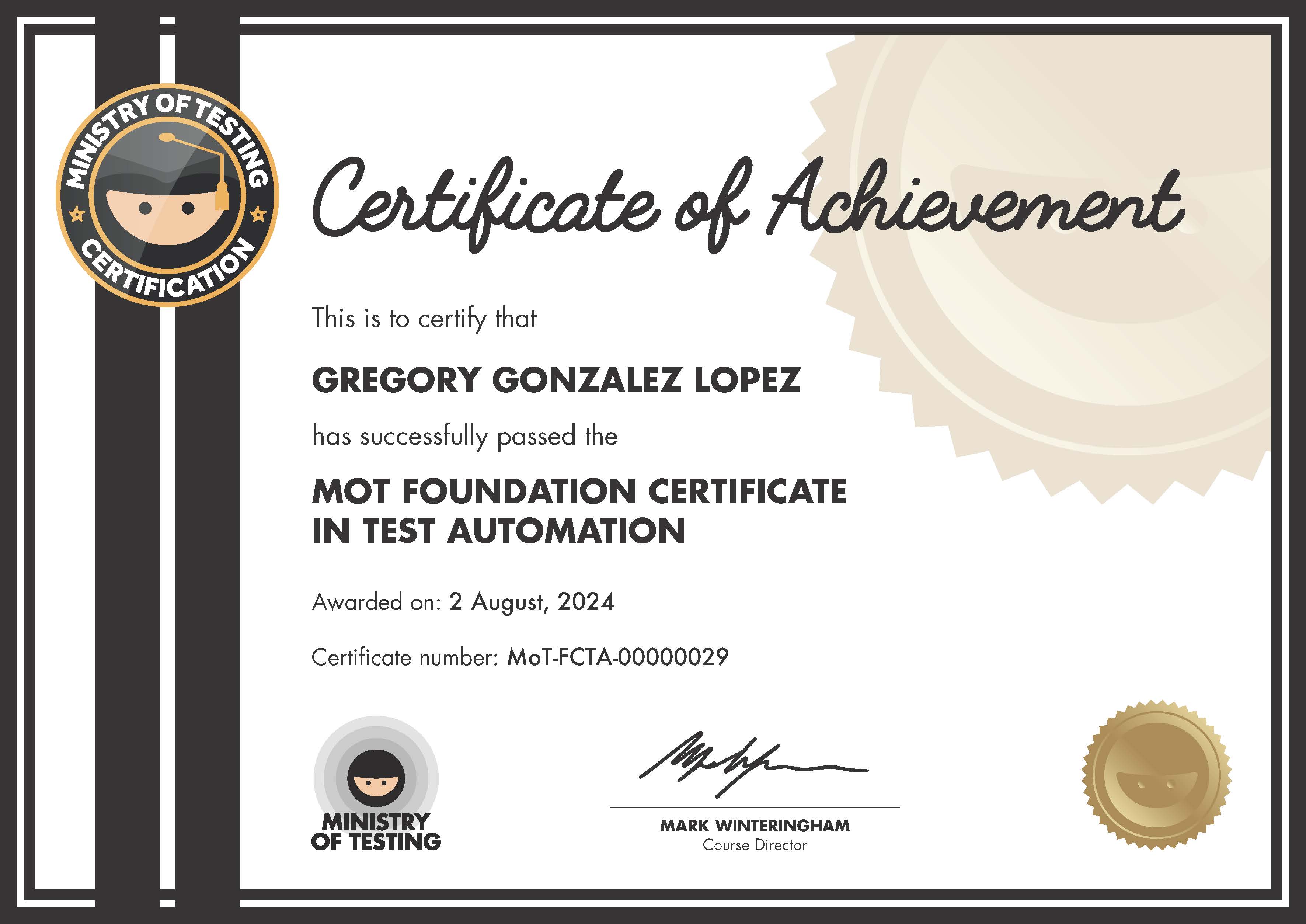 MoT Foundation Certificate in Test Automation certificate awarded to Gregory Gonzalez Lopez