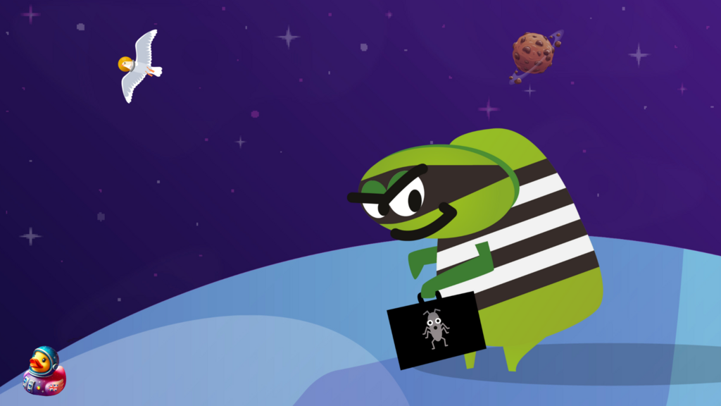 A green eel-like creature in a black and white striped mask and shirt, holding a briefcase, stands on a light blue moon with a crater. A small red and white character in a helmet is to the bottom left, a bird flies in the upper left, and a brown planet with craters and a ring is in the upper right. The background is a dark purple sky with stars.