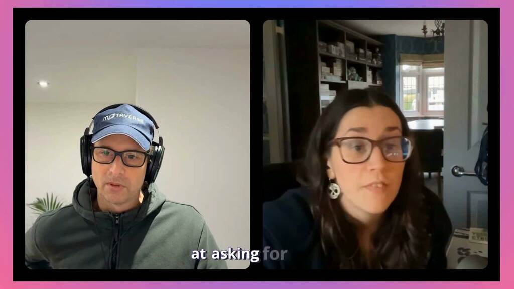 A woman and a man on a video call. image