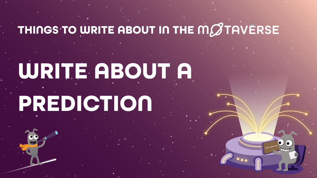 An instructional graphic set against a starry, purple space background. At the top, white text reads, "THINGS TO WRIT... image