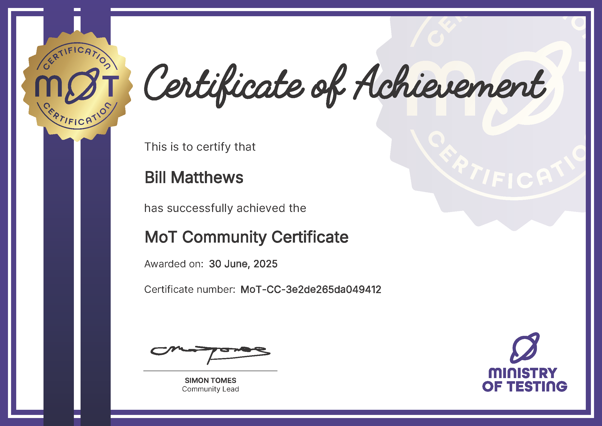 MoT Community Certificate certificate awarded to Bill Matthews