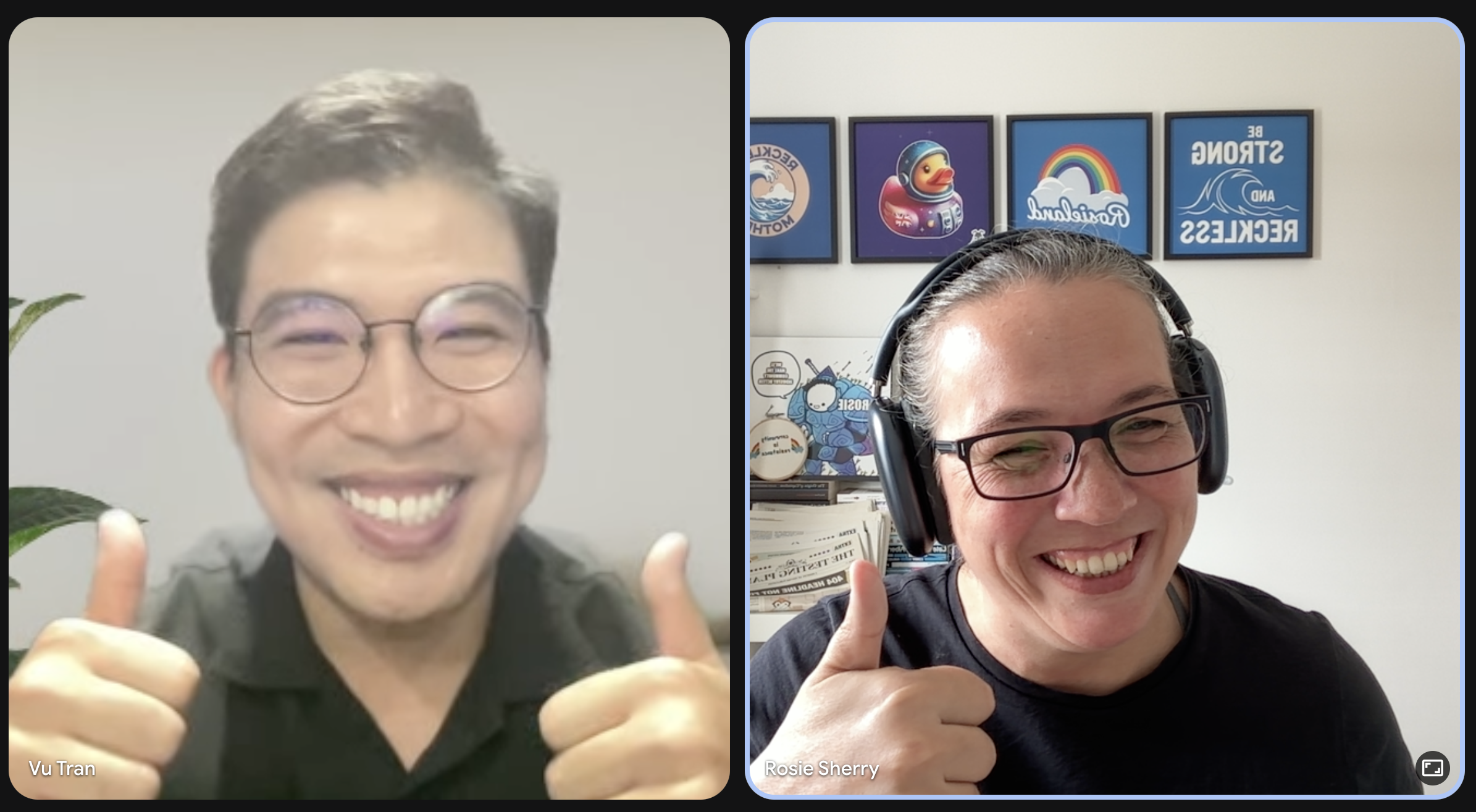 A screenshot of a virtual chat with Rosie Sherry an Vu Tran.