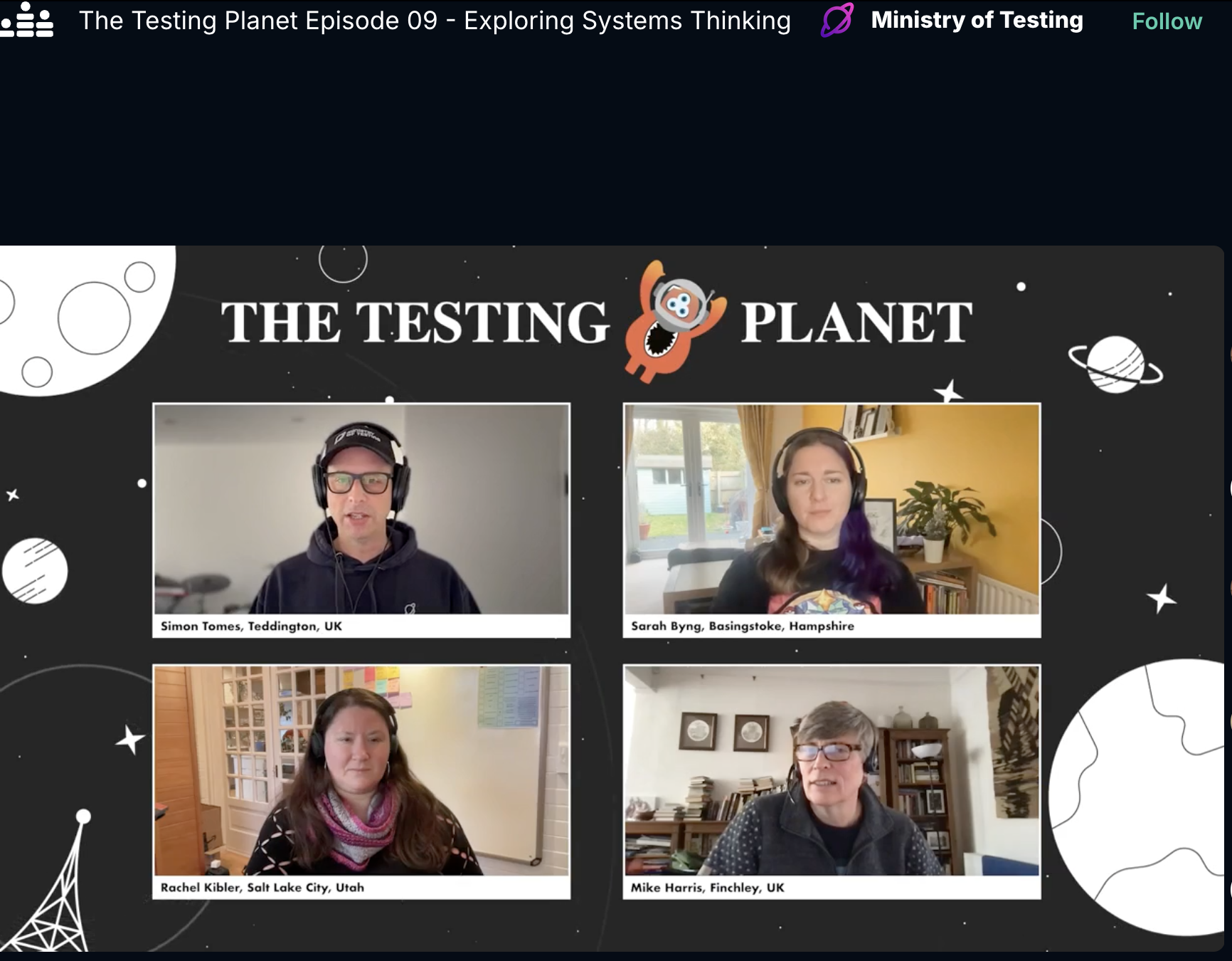 Four testers are presenting The Testing Planet news from their respective homes. Each is visible in their own video panel. 