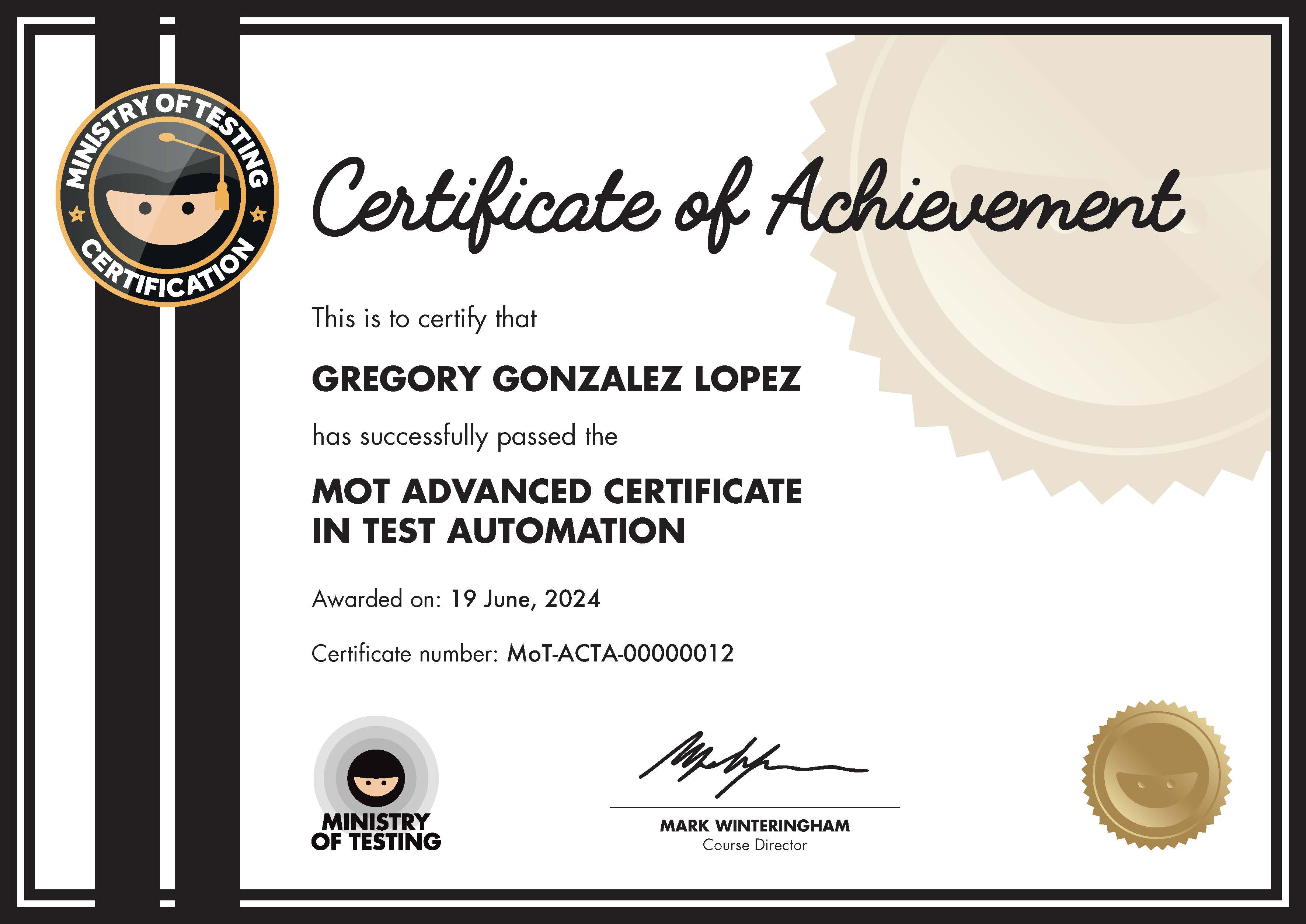 MoT Advanced Certificate in Test Automation certificate awarded to Gregory Gonzalez Lopez