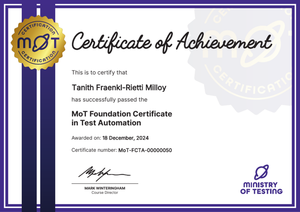 MoT Foundation Certificate in Test Automation certificate awarded to Tanith Fraenkl-Rietti Milloy image