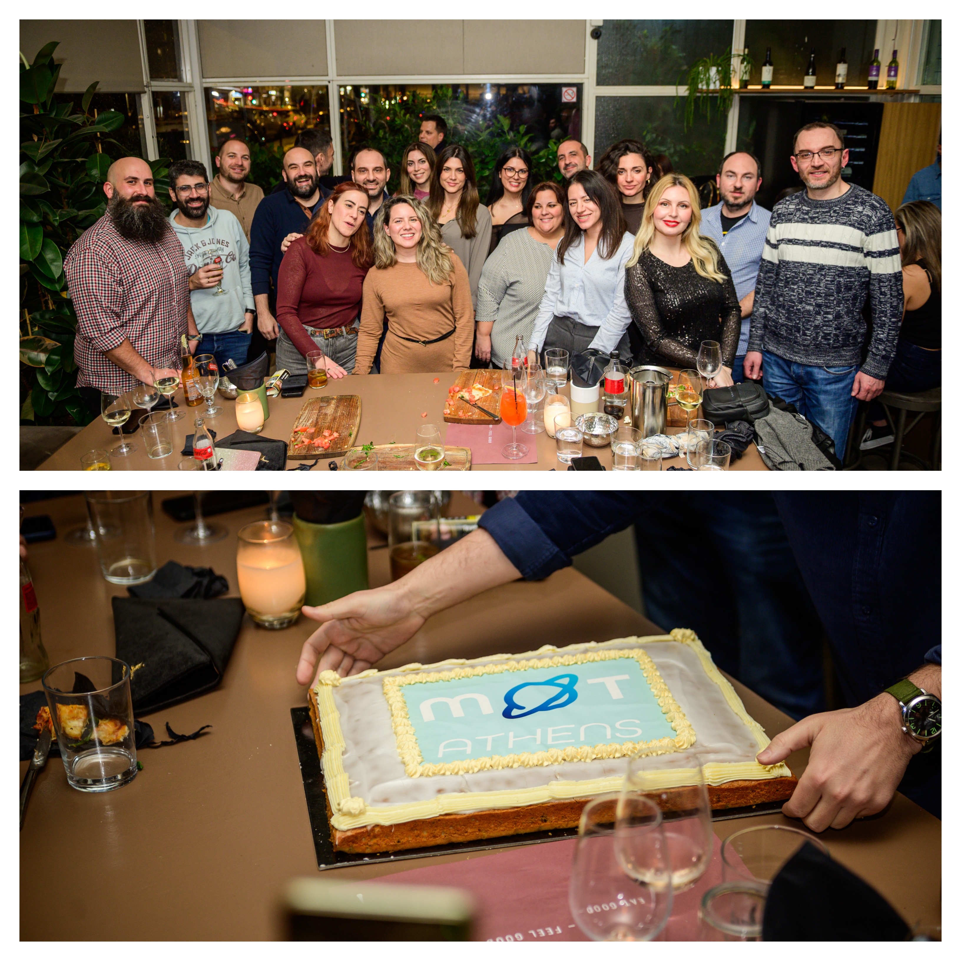 Group of people in a bar and a Cake with the Logo of MoT Athens