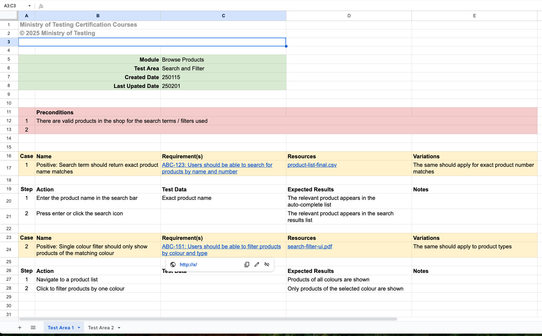 A colour-coded spreadsheet test plan that lists test cases, preconditions, steps, test data, expected results and notes for a product-search feature.