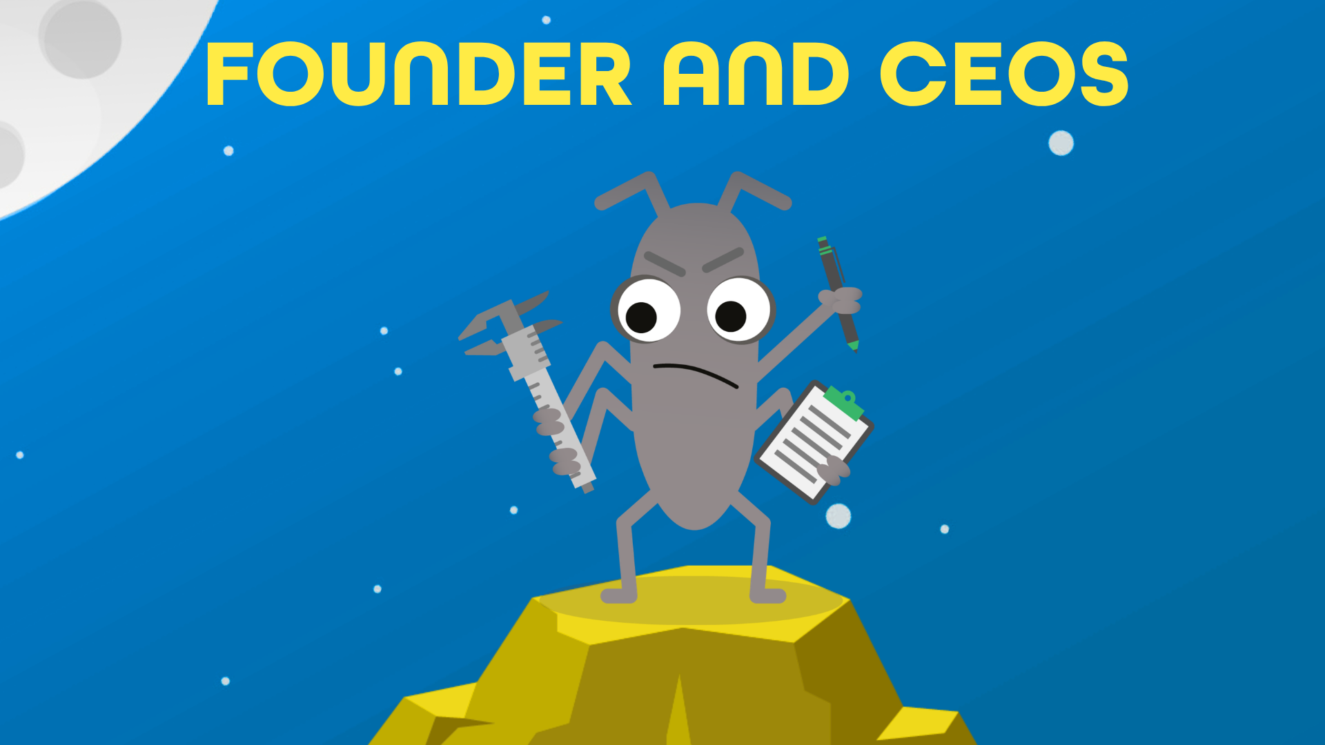 Founder and CEO image with bug standing on a mountain juggling many jobs. image