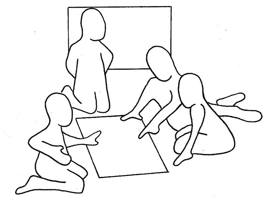 Four people represented in a simple cartoonish way collaborating around a shared board, learning together