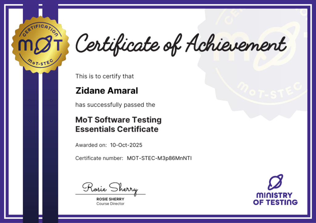 MoT Software Testing Essentials Certificate certificate awarded to Zidane Amaral image