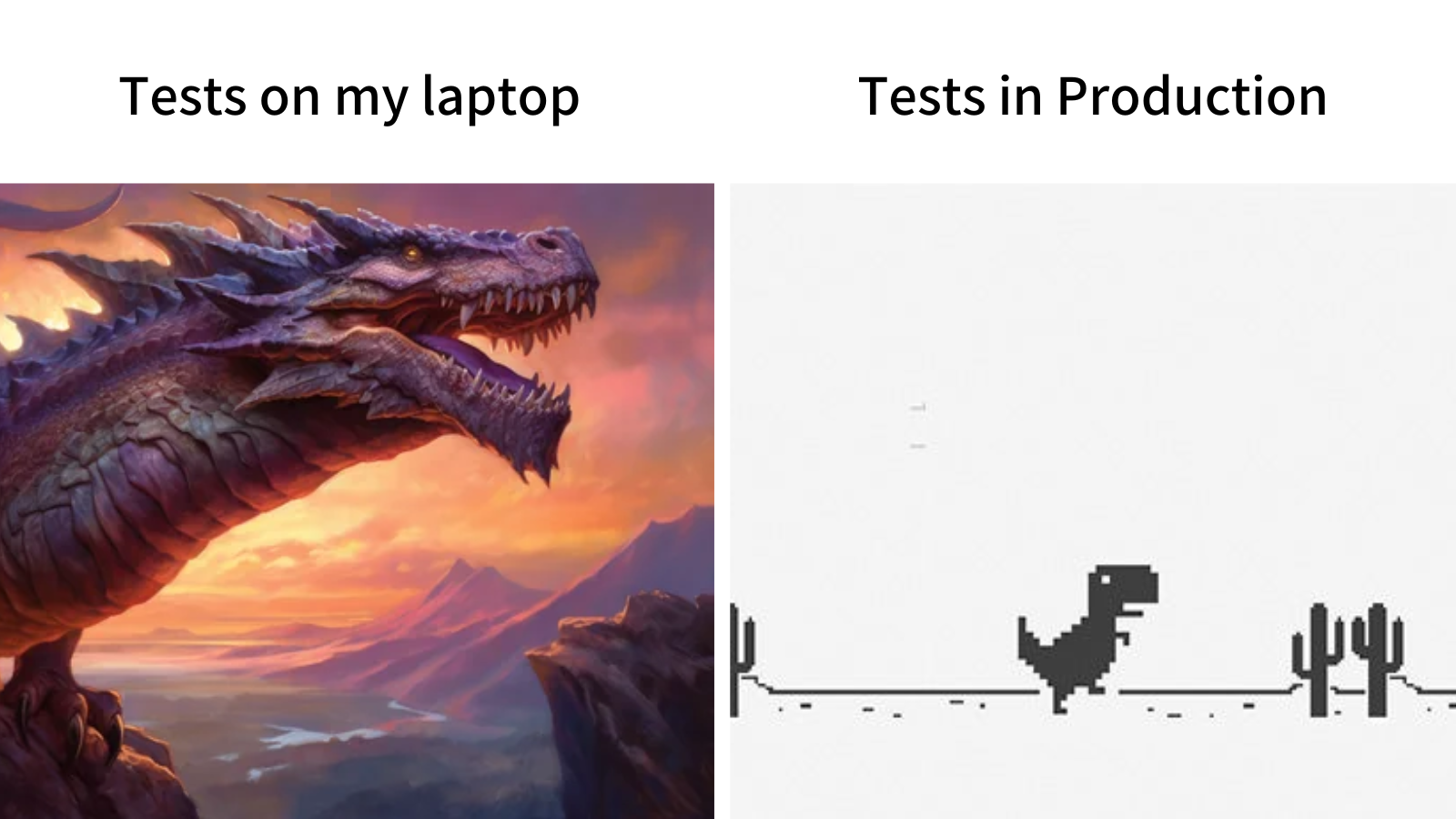 image meme tiles, left tile shows fierce dragon with the text "testing on my laptop", right tile shows 8-bit google dinosaur which is shown when the internet is not working with the text "testing in production". 