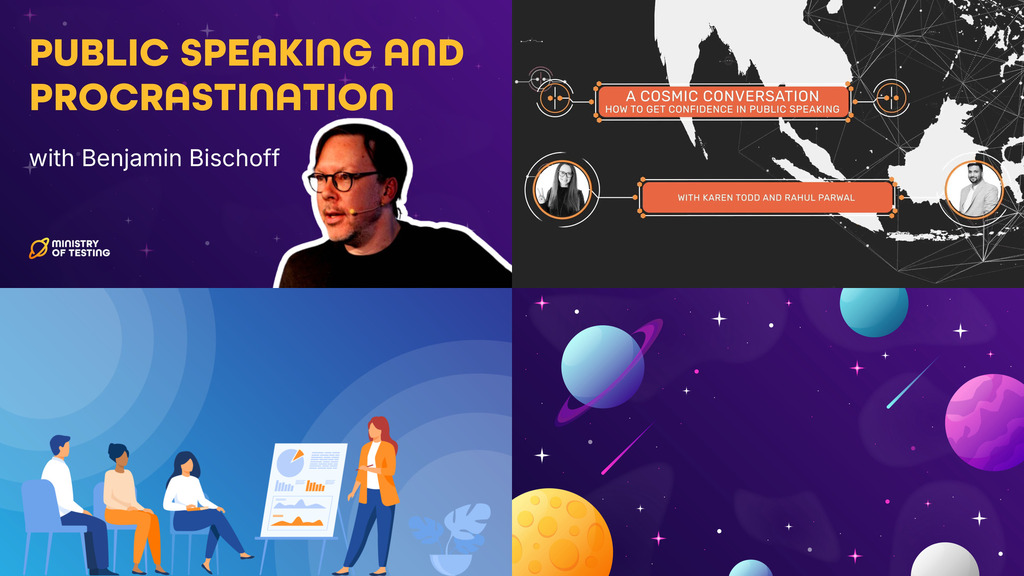 A grid of four images. The top left shows a thumbnail for a talk titled "PUBLIC SPEAKING AND PROCRASTINATION with Benjamin Bischoff." The top right shows a thumbnail for a talk titled "A COSMIC CONVERSATION HOW TO GET CONFIDENCE IN PUBLIC SPEAKING," with portraits of Karen Todd and Rahul Parwal. The bottom left shows a group of four people in a business meeting, with one person presenting to the others. The bottom right is an illustrated scene of planets in space.