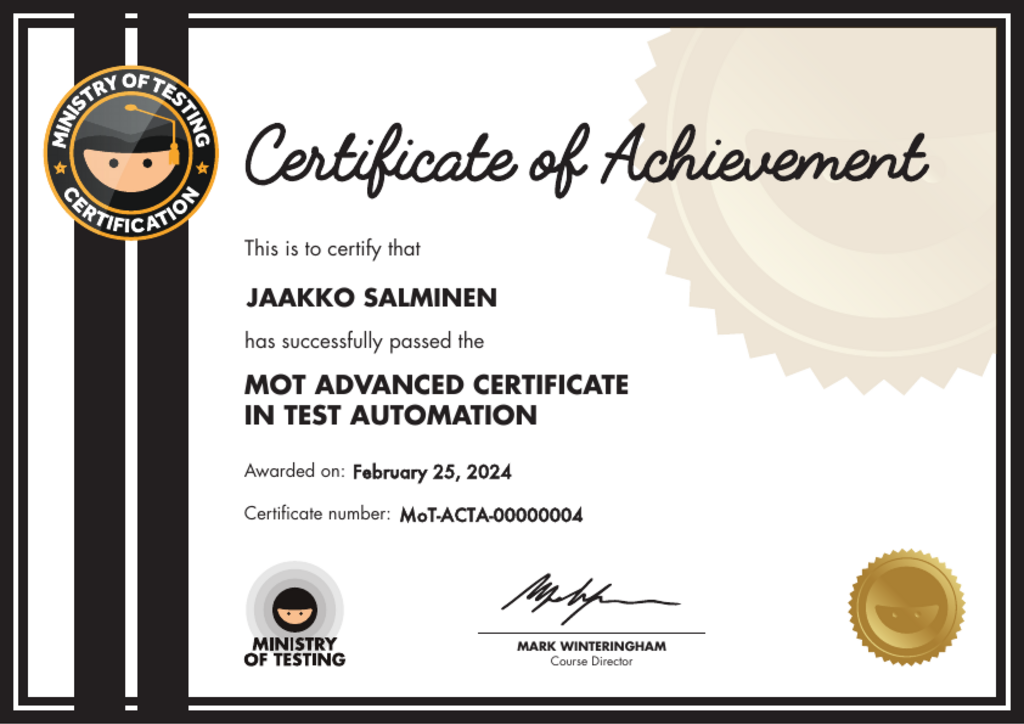 MoT Advanced Certificate in Test Automation certificate awarded to Jaakko Salminen image
