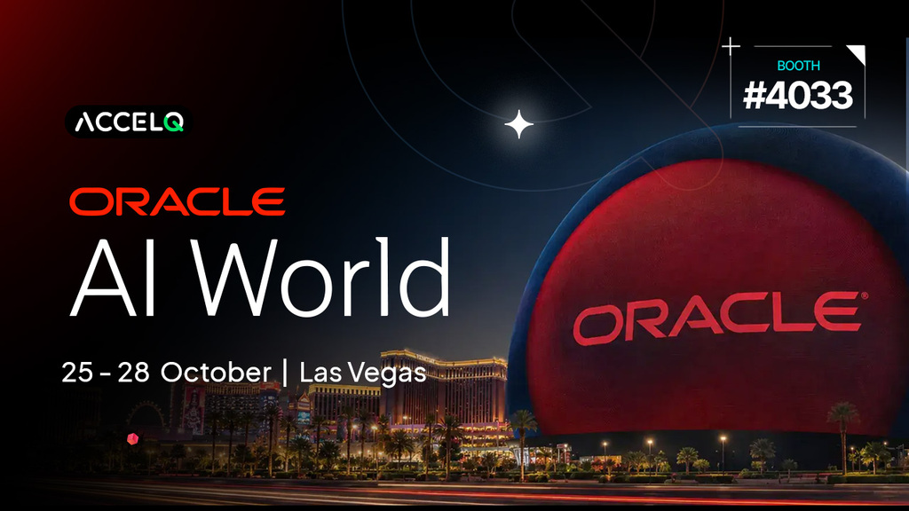 ACCELQ at Oracle AI World, 25–28 October in Las Vegas. The graphic shows the Las Vegas skyline, an Oracle-branded ven... image