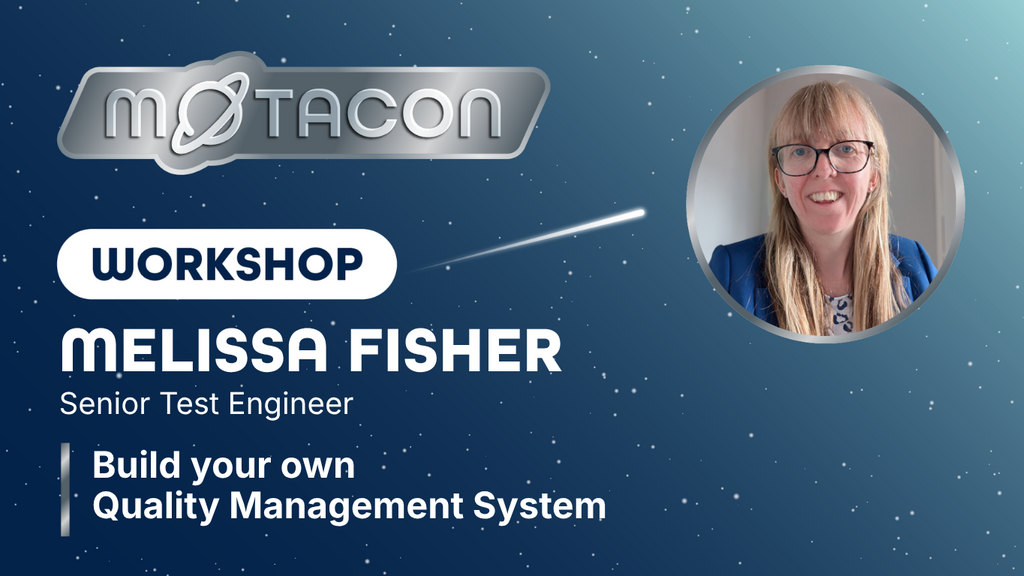 An event graphic for a MoTaCon Workshop titled "Build your own Quality Management System."
Set against a deep blue c... image