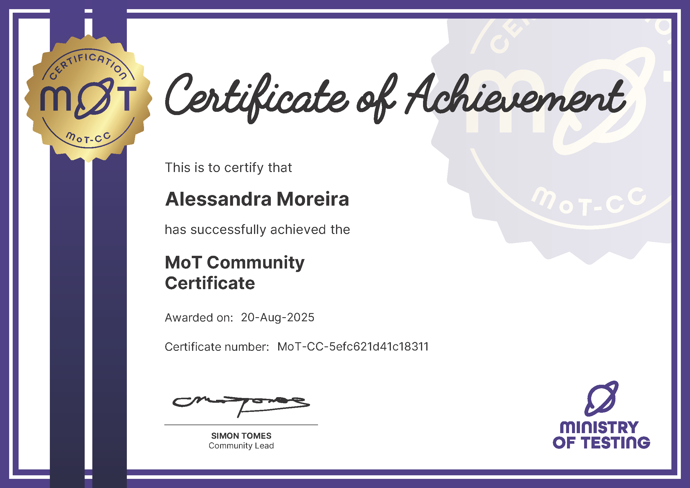 MoT Community Certificate certificate awarded to Alessandra Moreira