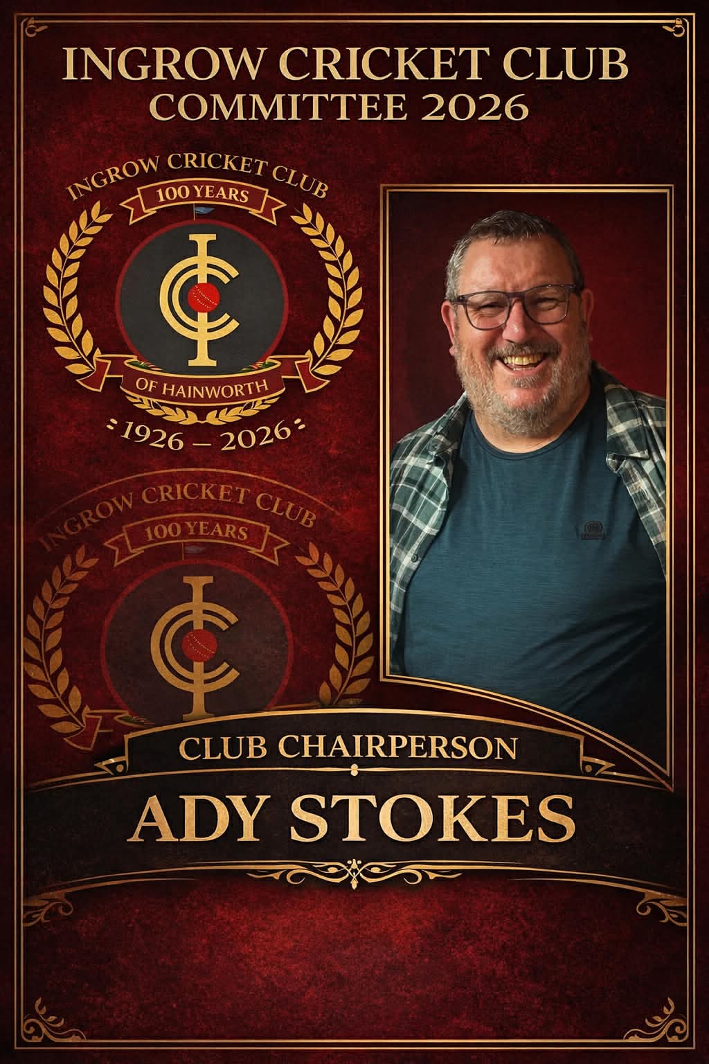 Poster announcing Ady Stokes as club Chairperson. Head and shoulder picture of Ady with the club logo ICC overlaid wi... image