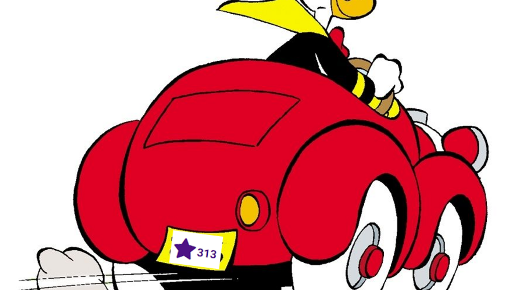 Donald Duck drives his iconic small red car, shown from the back, with motion lines and a puff of exhaust behind it. ... image