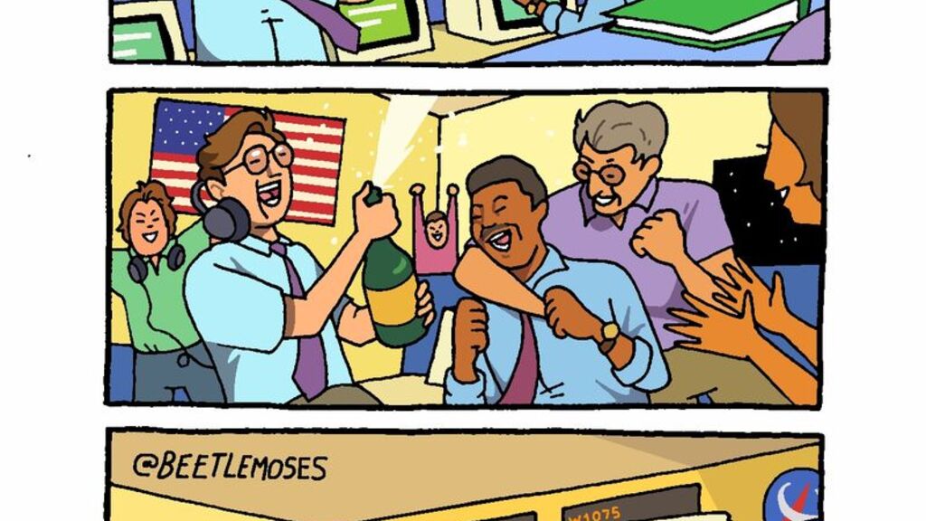 A three-panel cartoon strip by @Beetlemoses depicts a space mission control room.

Panel 1: Mission Control is abuzz. Several people, including a man with glasses and a headset, cheer enthusiastically. The man on the left has his hands up in excitement. A thought bubble above a man in the center reads, "WE LANDED!" On the monitors behind them, a stylized rocket is shown landed on an orange planet, possibly Mars, under a dark, star-filled sky. An American flag is visible in the control room.

Panel 2: The team celebrates the successful landing. The man with the headset is now holding a bottle of champagne and has his arm around a laughing man in a blue shirt and tie. Others cheer and clap in the background, which features a large American flag.

Panel 3: The team continue to celebrate unaware that the astronauts have left the rocket with their arms held above their heads having met three alien characters with guns.