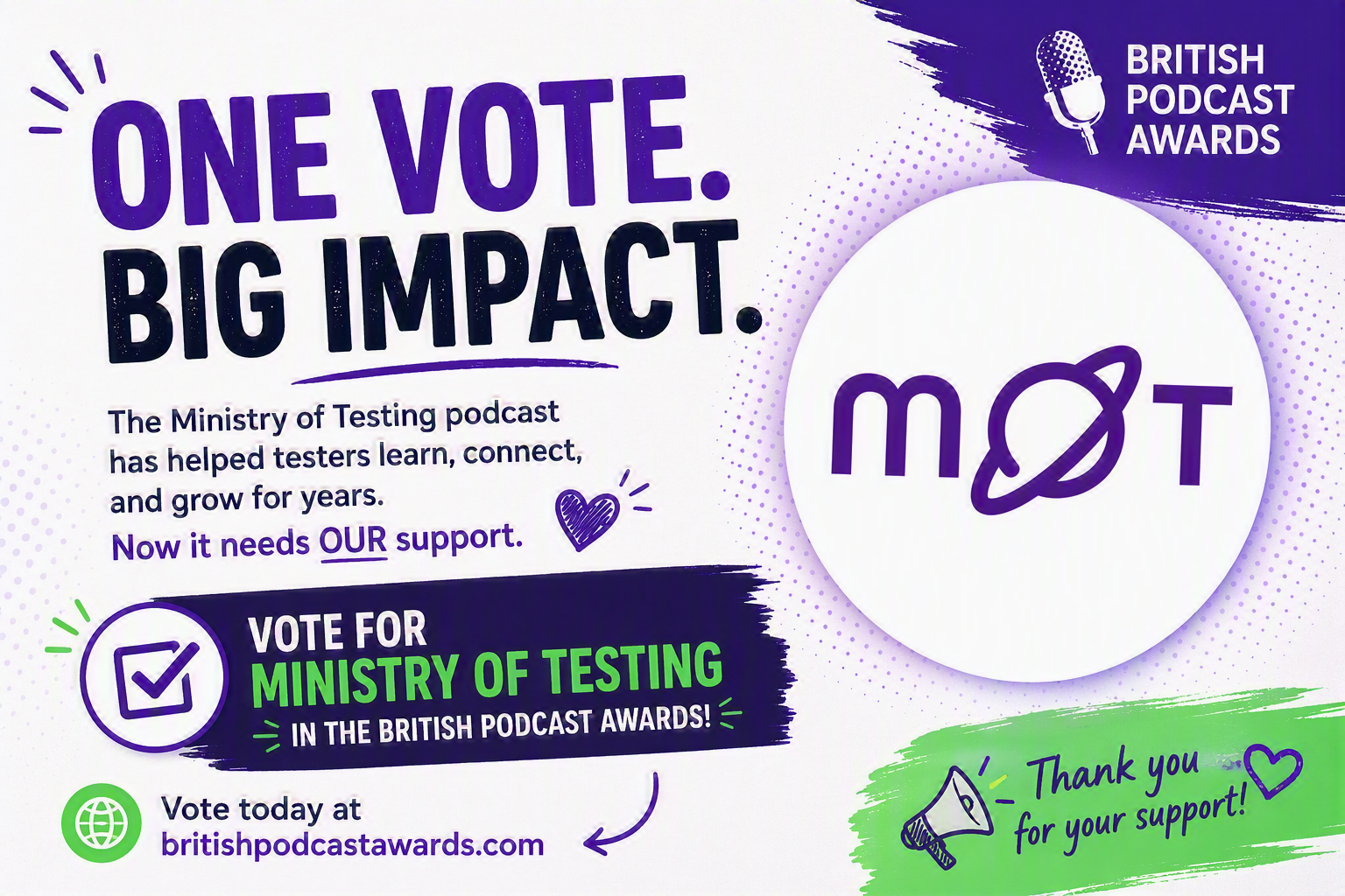 Graphic promoting a vote for the Ministry of Testing podcast in the British Podcast Awards, featuring the Ministry of... image