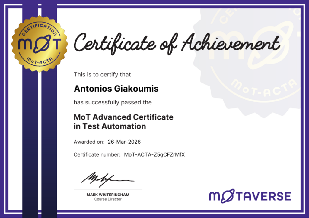 MoT Advanced Certificate in Test Automation certificate awarded to Antonios Giakoumis image