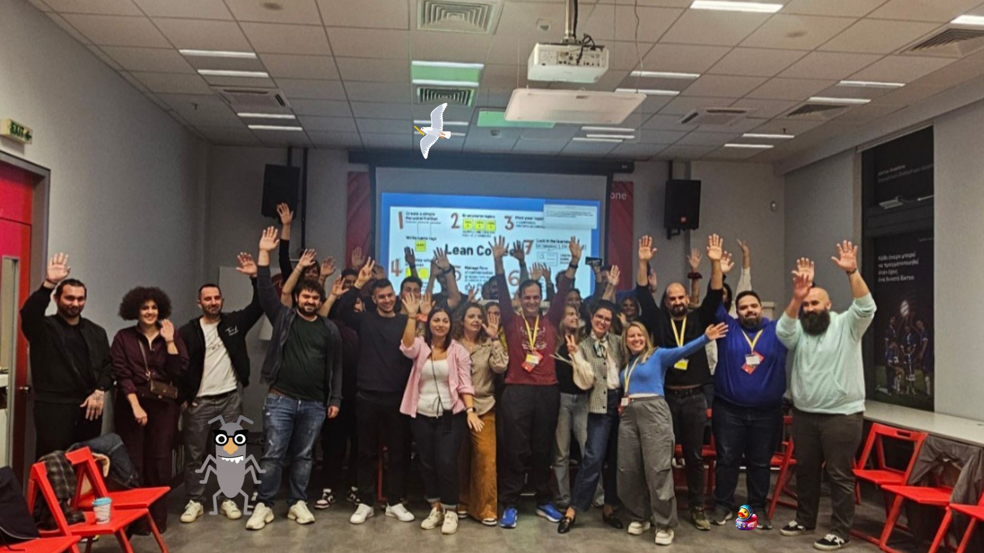 Bug, Space Duck and Space Seagull hidden within MoT Athens Lean Coffee gathering.