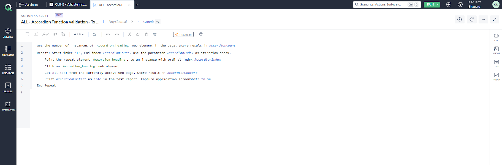 The AccelQ script where the clicking and content verification on each accordion item is handled with a loop function. It first takes the count of the accordion item and iterate through each accordion incrementally. 