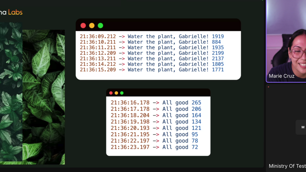 Slide from Marie Cruz’s talk showing a console output of soil moisture readings. When the soil is dry, the message says “Water the plant, Gabrielle!” and when the moisture level is sufficient, it says “All good” followed by a numeric value. Marie is visible smiling on the recording call.