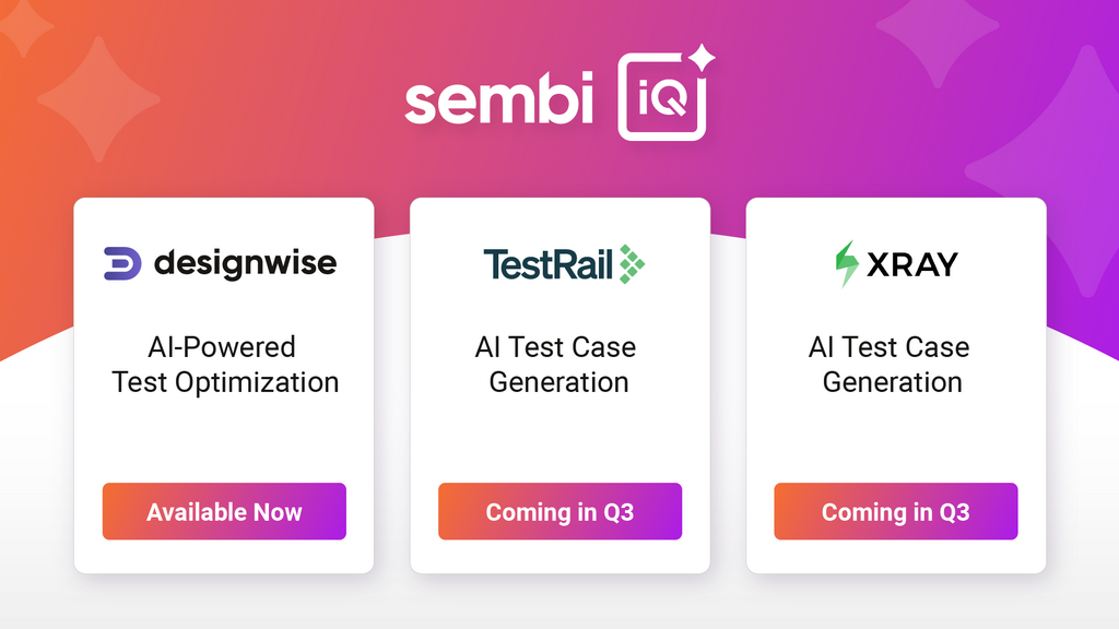  A promotional image for "sembi iq" shows three software products.  The first product is "designwise" with the description "AI-Powered Test Optimization" and is labeled "Available Now."  The second product is "TestRail" with the description "AI Test Case Generation" and is labeled "Coming in Q3."  The third product is "XRAY" with the description "AI Test Case Generation" and is labeled "Coming in Q3."  The background is a gradient of purple, orange, and red with sparkling effects.