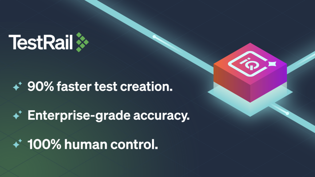 The image shows the TestRail logo and highlights three key benefits: "90% faster test creation," "Enterprise-grade accuracy," and "100% human control," all on a dark grid background with a colourful icon.