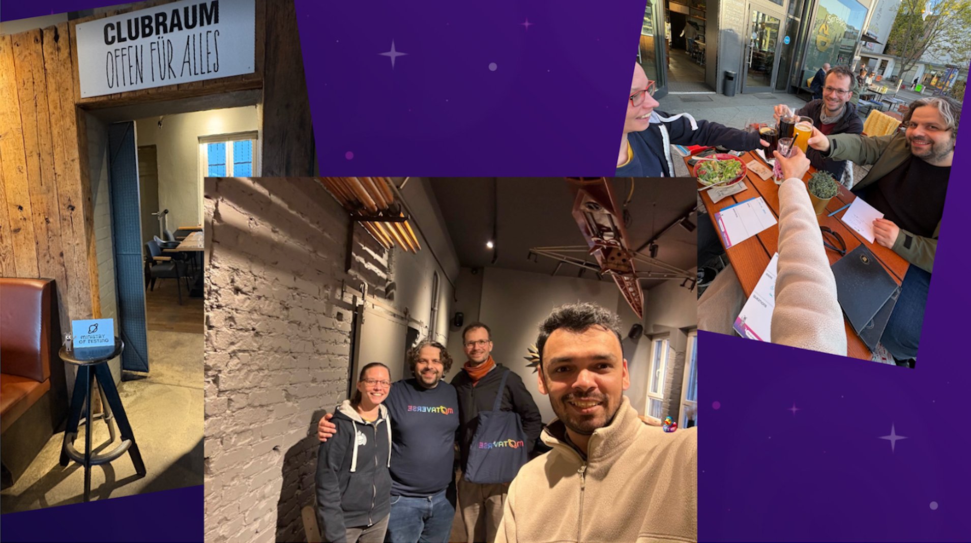 Collage of a Ministry of Testing meetup showing the same group across moments: a venue entrance sign reading “Clubrau... image