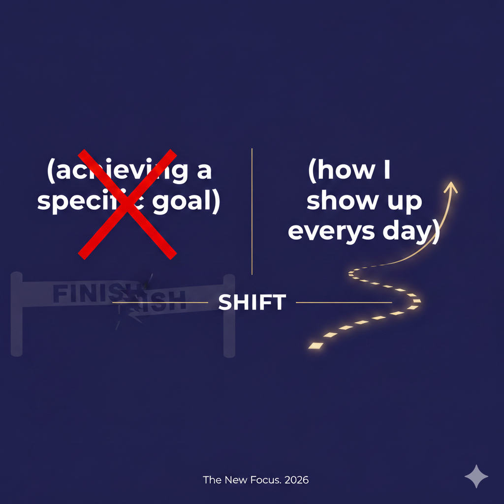 an image with dark blue background titled The New Focus 2026 Left side its written Achieving specific goals which crossed off and right side its written how i show up everyday 