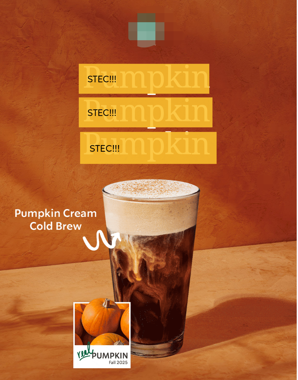 Promotional image with an orange textured background featuring a tall glass of Pumpkin Cream Cold Brew topped with foam and sprinkled spice. A white arrow points to the drink. Text reads 'Pumpkin Cream Cold Brew' and 'real Pumpkin Fall 2025' with a photo of pumpkins in a small box at the bottom left. Repeated yellow banners with the word 'Pumpkin' and the phrase 'STEC!!!' appear above the drink."