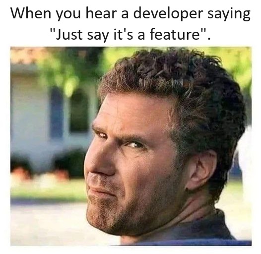 A man with a sceptical expression turns his head slightly to the side, looking incredulous. The text above him reads, "When you hear a developer saying 'Just say it's a feature.'" The background shows a blurred outdoor scene.
