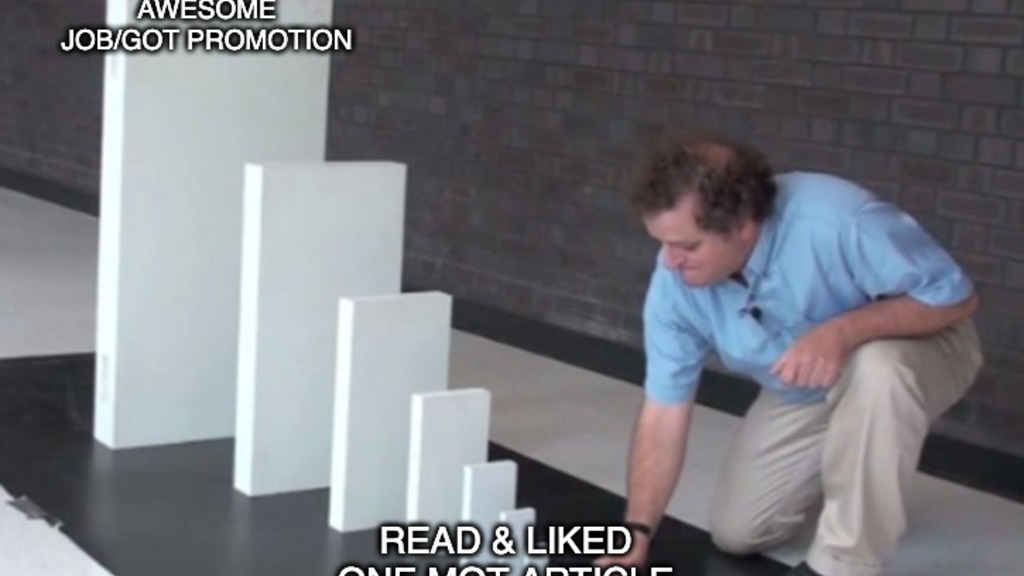
A meme template showing a man setting up a domino-like chain of large white rectangular blocks. The blocks are arranged in decreasing size. The largest block, at the back, has the caption "LANDED AWESOME JOB/GOT PROMOTION". The smallest block, at the front, has the caption "READ &amp; LIKED ONE MOT ARTICLE". The man is crouched down, about to push the smallest block.