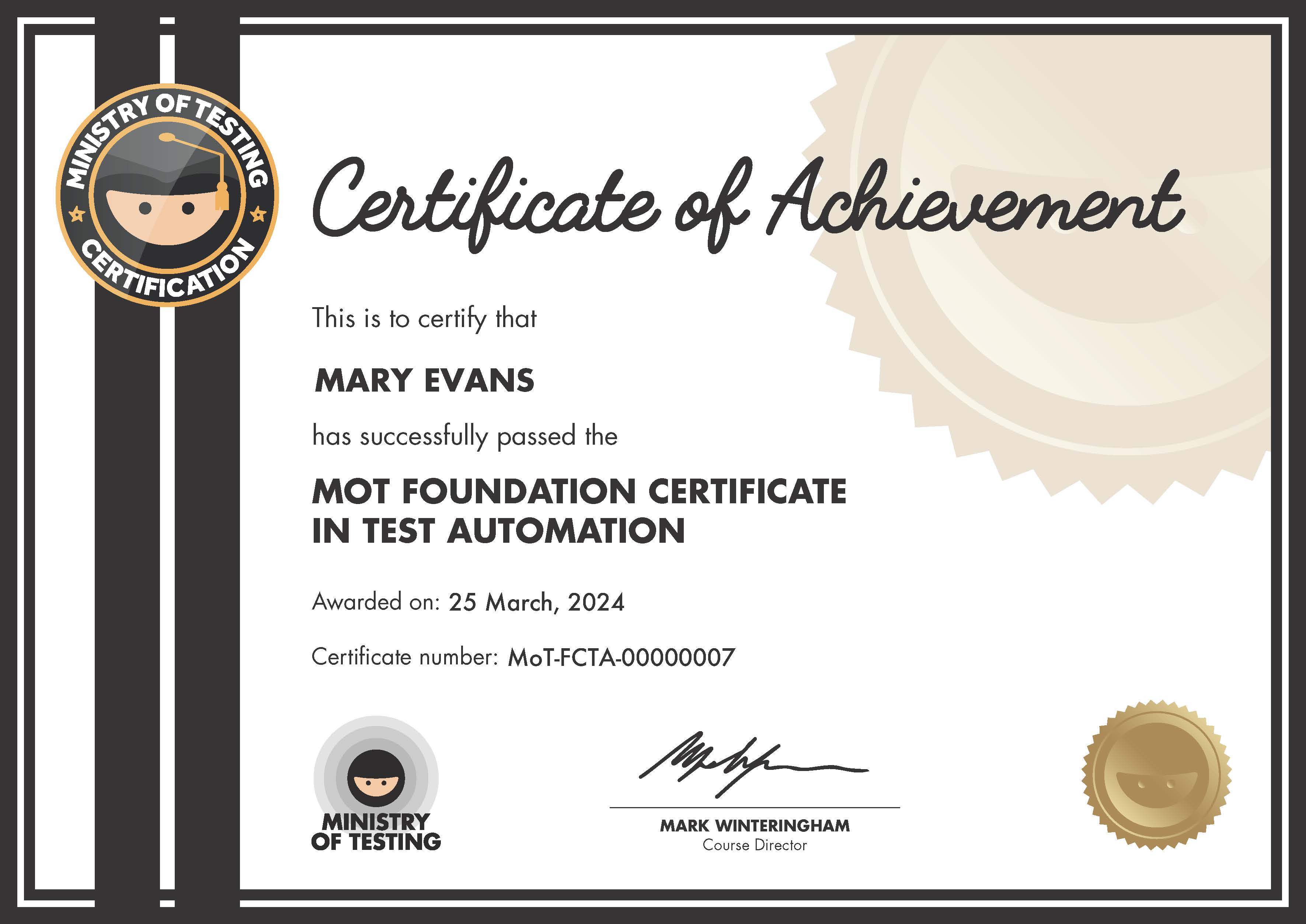 MoT Foundation Certificate in Test Automation certificate awarded to Mary Evans image